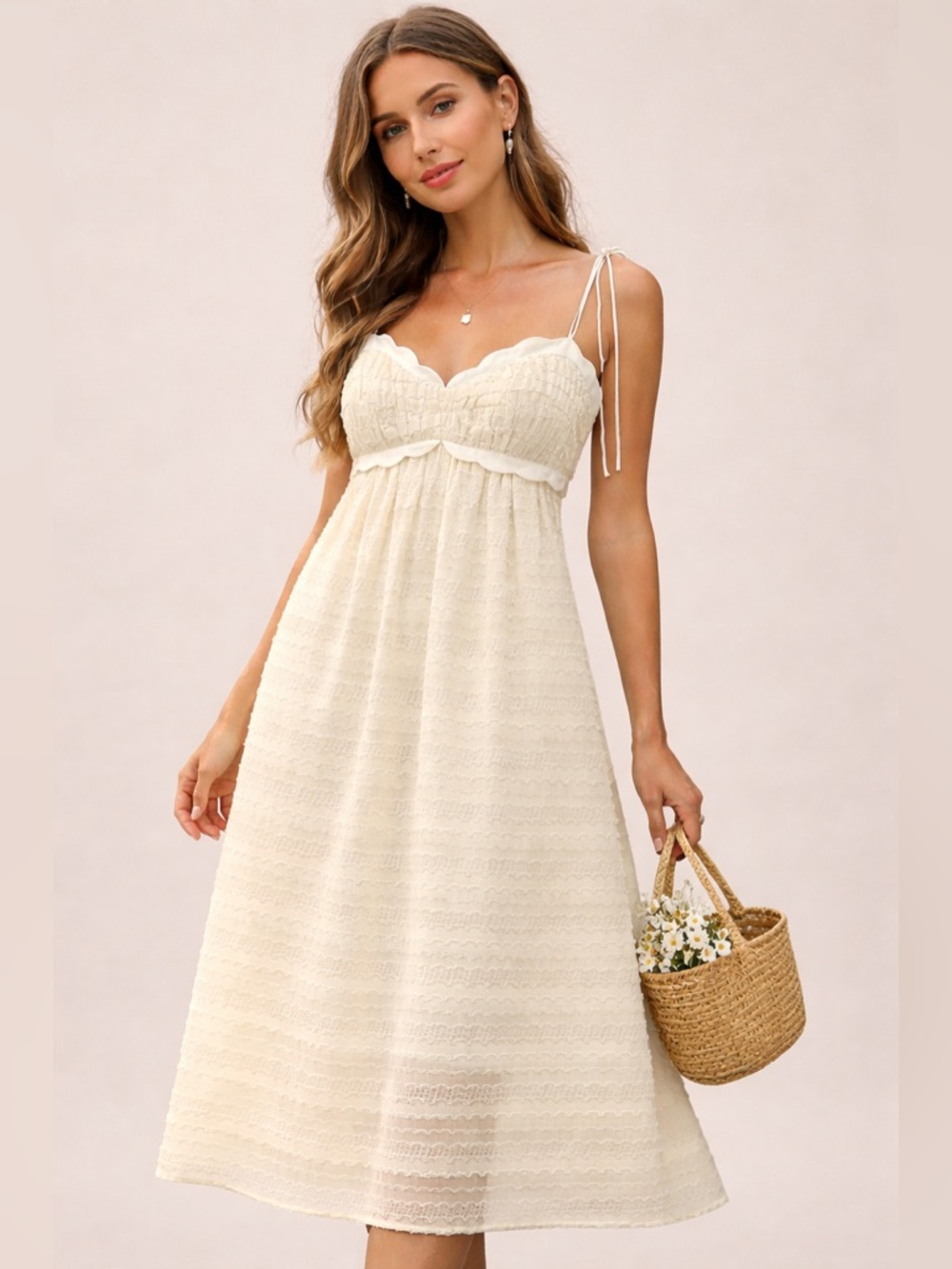 Romantic Ivory Textured Midi Dress Scallop Bust M Bridecore Coquette‎ Milkmaid